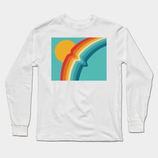 Rippled Retro Rainbow with Sun on Pale Blue Background Long Sleeve T-Shirt